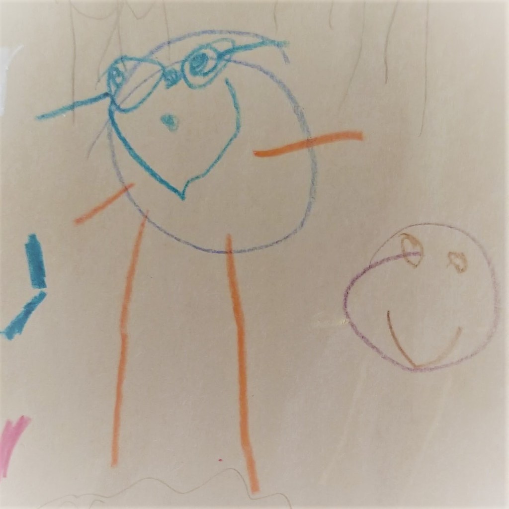 Two smiling stick figures, the taller one wearing glasses and drawn with blue and orange crayon, the smaller one drawn with purple, brown, and yellow crayon.