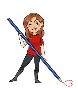 Chibi cartoon of Allie Therin holding an oversized pencil and drawing a heart.